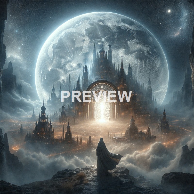 A lone figure stands on a rocky ledge gazing at an illuminated, fantastical city with tall, spired buildings beneath a massive, glowing moon in a surreal, otherworldly landscape.